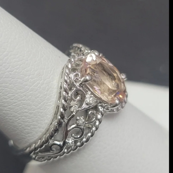 R656  Natural Morganite and Diamond Accent Filigree Scroll Band Ring.  Size 7.